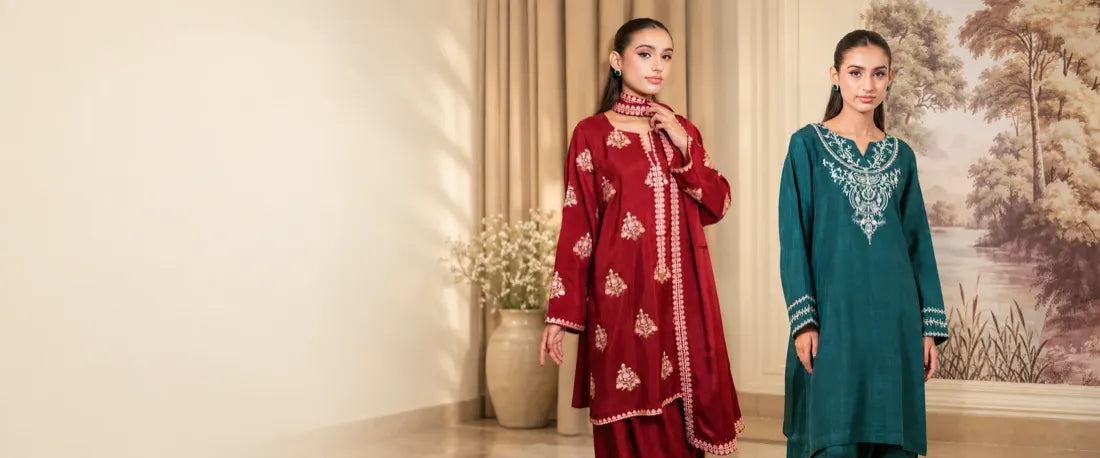 Ruby red and deep green embroidered Azall outfits